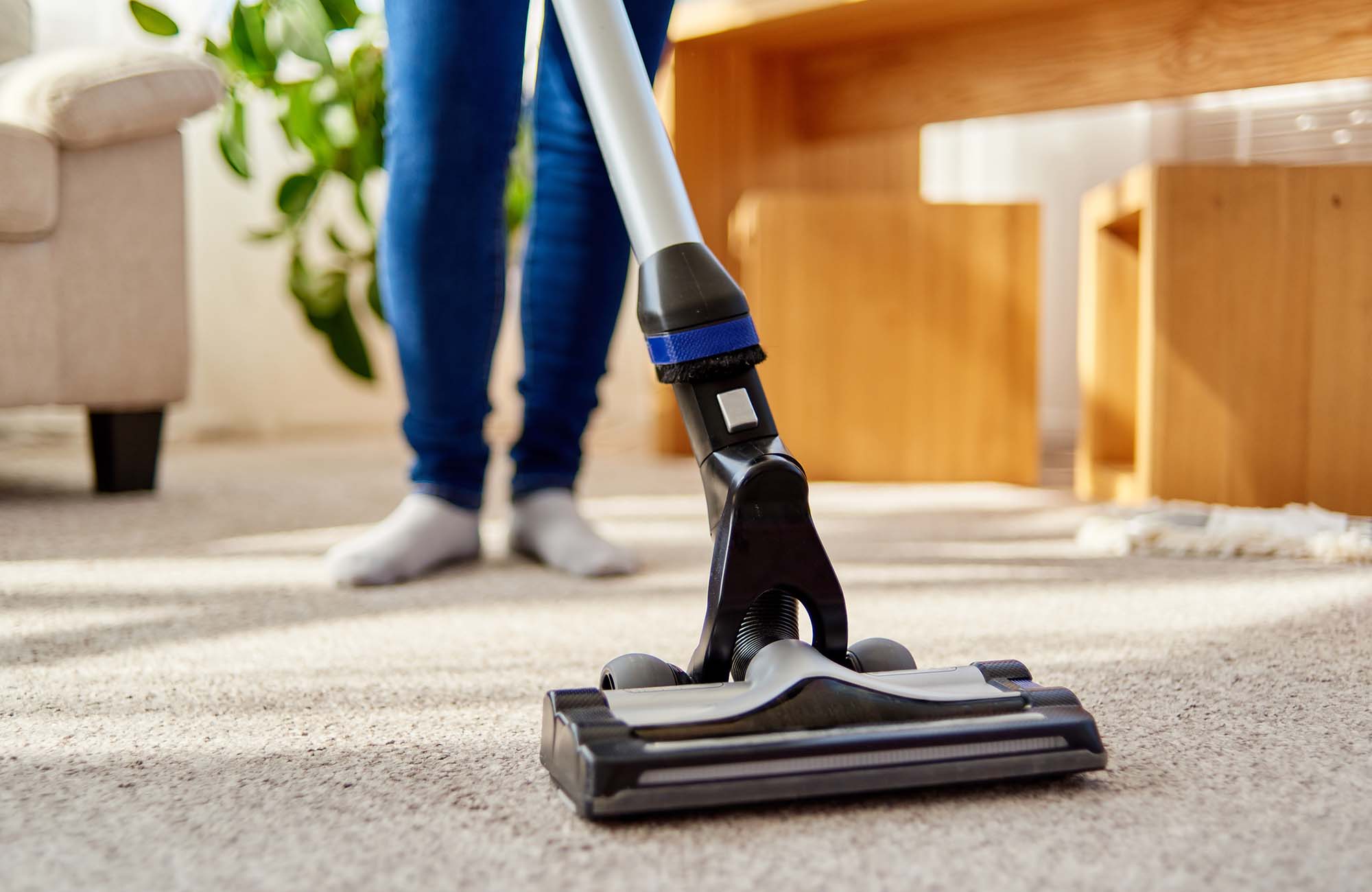 Close up of young woman in jeans cleaning carpet with vacuum cleaner in living room, copy space. Housework, household.. Cleanig and chores concept. House cleaning, home, domestic, equipment, service, floor, indoor, hygiene, housekeeping, tool, people, person, background, female, dust, interior, professional, girl, housewife, maid, lifestyle, one, sanitary, apartment, cleanup, rug, hoover, modern, sofa, technology, flat, leg, table, furniture, holding, human, using